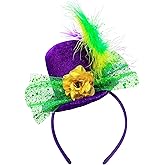 Mardi Gras Mini Top Hat Headband Fascinator Purple Green Gold Feather Flower Festive Carnival Hat for Women Mardi Gras Party Parades Halloween Costume