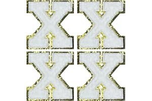 Jongdari Letter Patches Varsity Chenille Iron on Letters Patchs for Clothing, 4pcs English Letter X with Gold Glitters Border, Alphabet Sewing Appliques (White X)