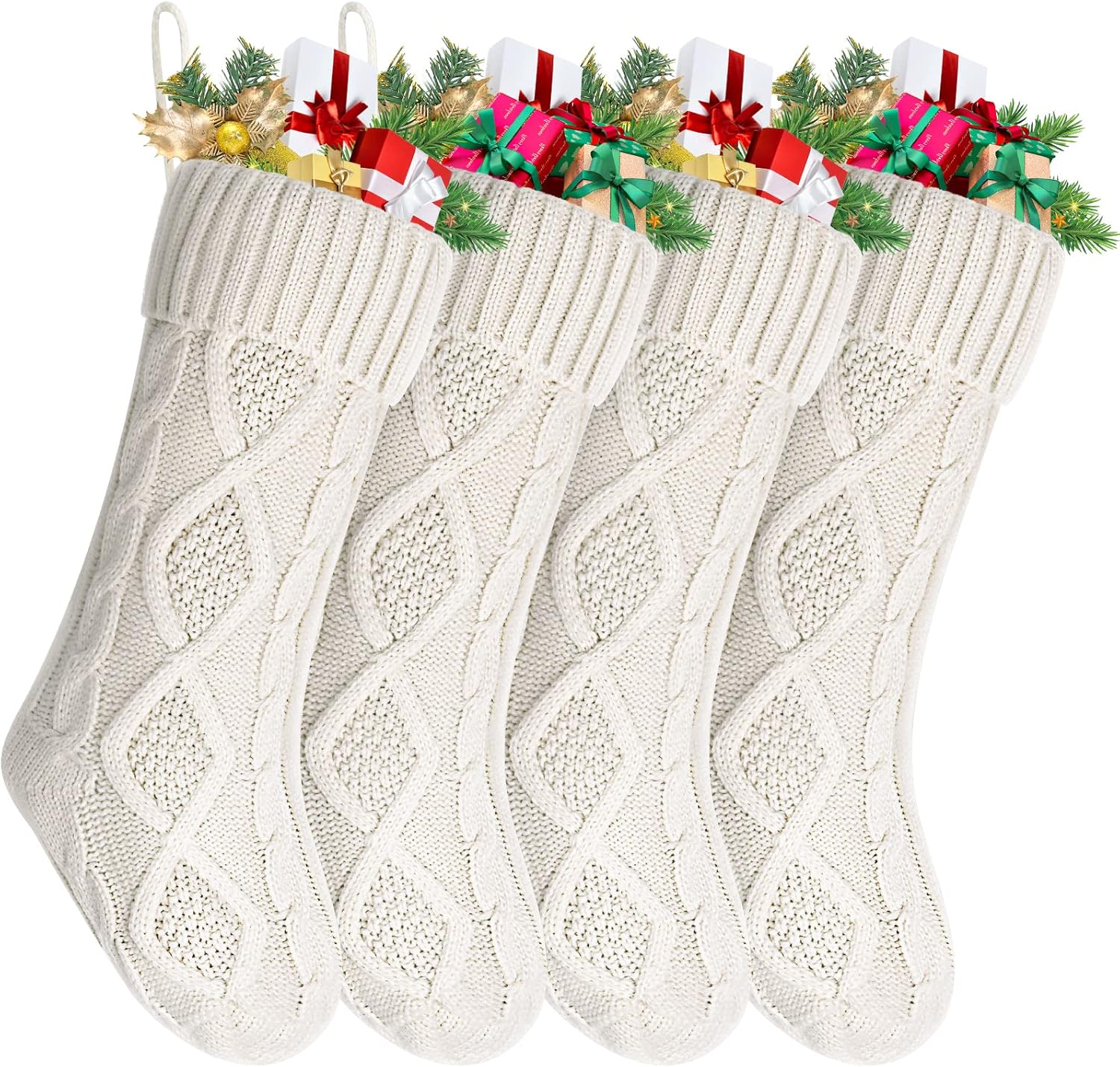 Stockings & Holders - Nelyeqwo Christmas Stockings Large 18 Inches Christmas Stockings White Cable Knitted Xmas Stockings Classic Christmas Decorations for Family Holiday Party Ivory 4 Pack