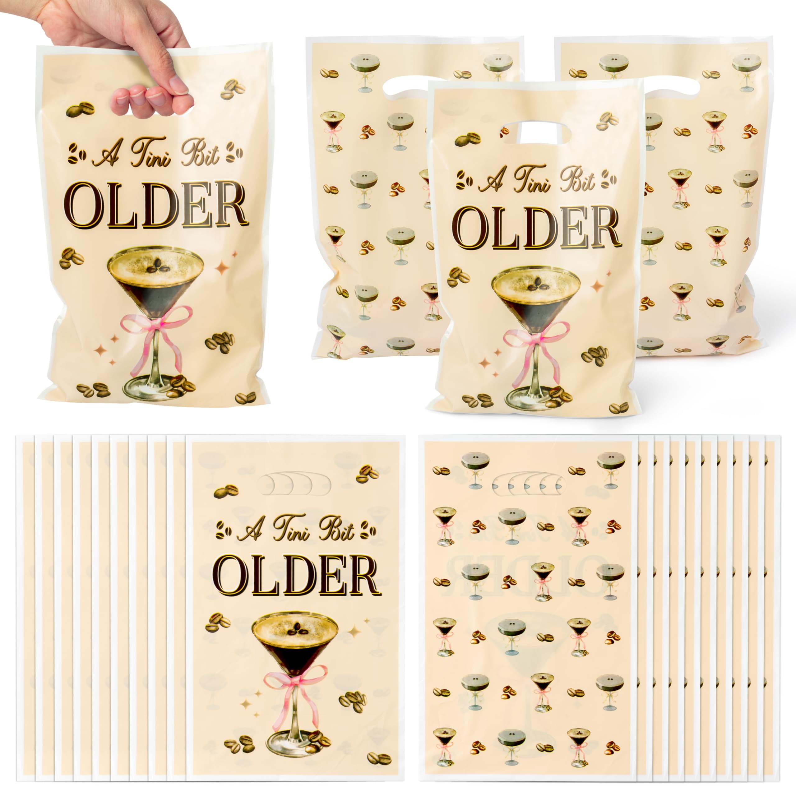 Photo 1 of ArowlWesh 50Pcs Coffee Martini Party Favor Bags A Tini Bit Older Birthday Themed Decoration Martini Espresso Plastic Goodie Candy Treat Bag for Birthday Bachelorette Party Supplies