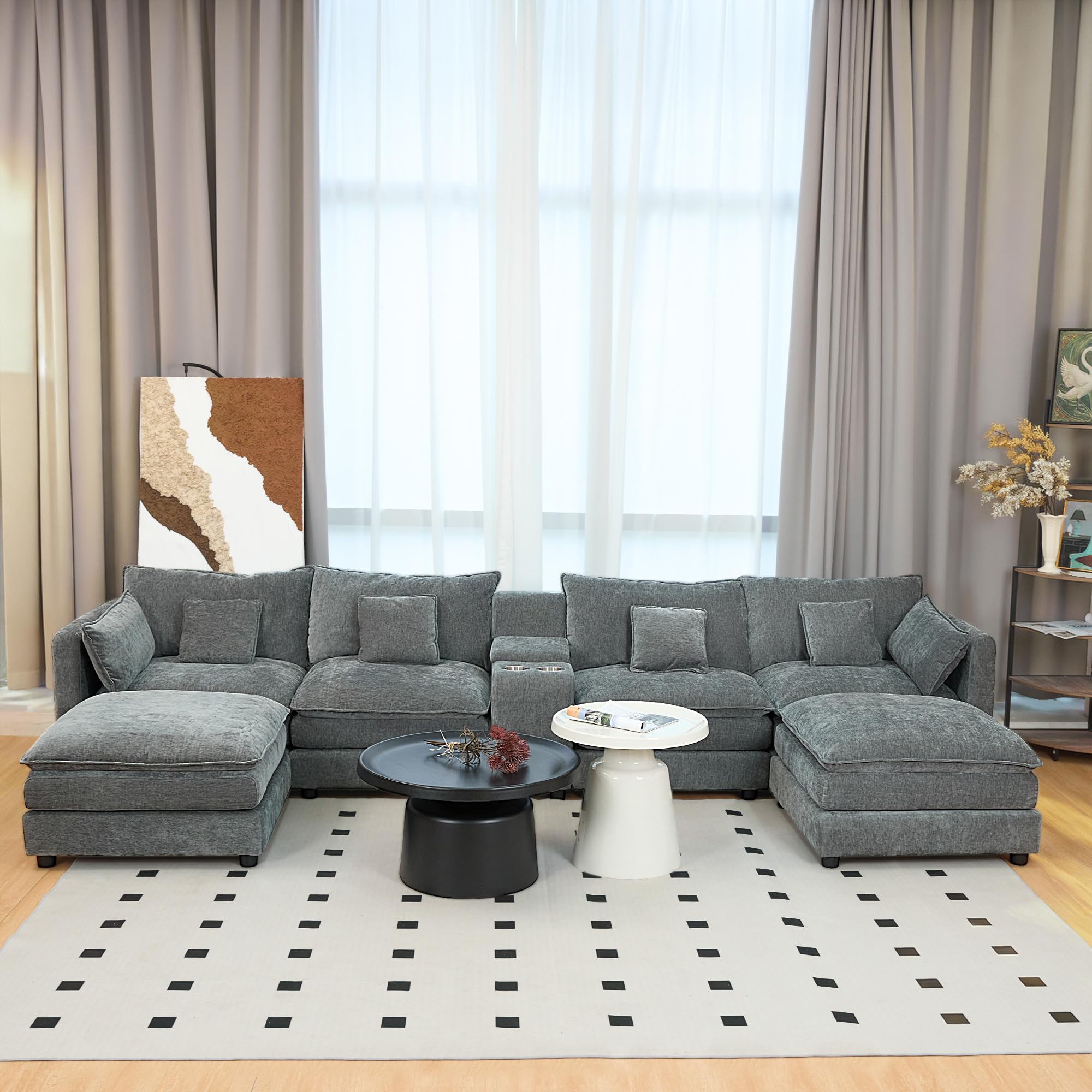Photo 1 of *missing item* 144" U-Shaped Sectional Cloud Couch, Modular 6-Seat Chenille Sofa with Movable Ottoman, Storage Box & Cup Holders, Comfy, Fluffy & Stylish for Large Living Room, Grey