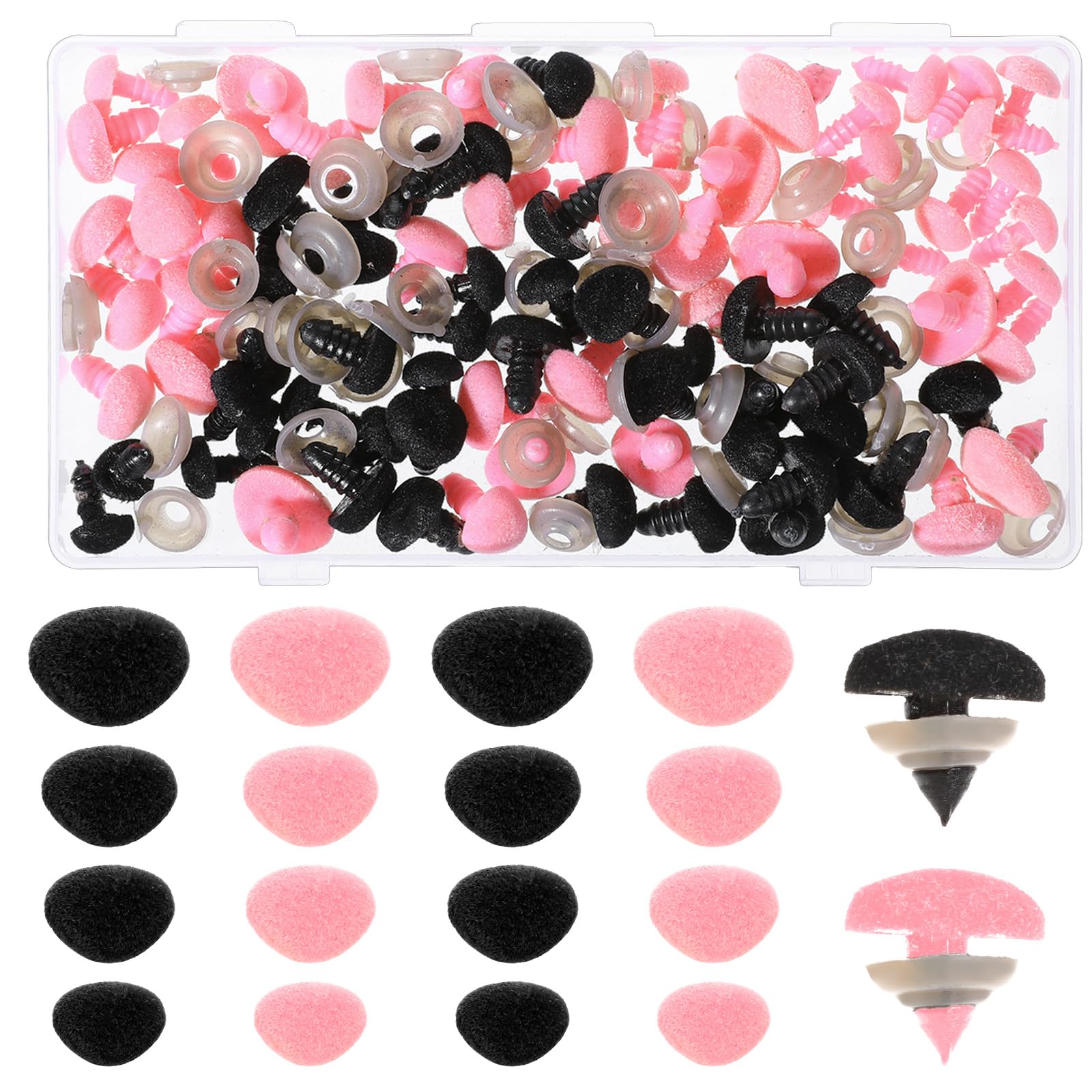 Photo 1 of 120Pcs Bear Noses Pink Black Plush Plastic Noses for Crochet Safety Nose 4 Size Stuffed Animal Craft Flocking Nose with Washers, Doll Plush Making Supplies 11/14/16/18mm