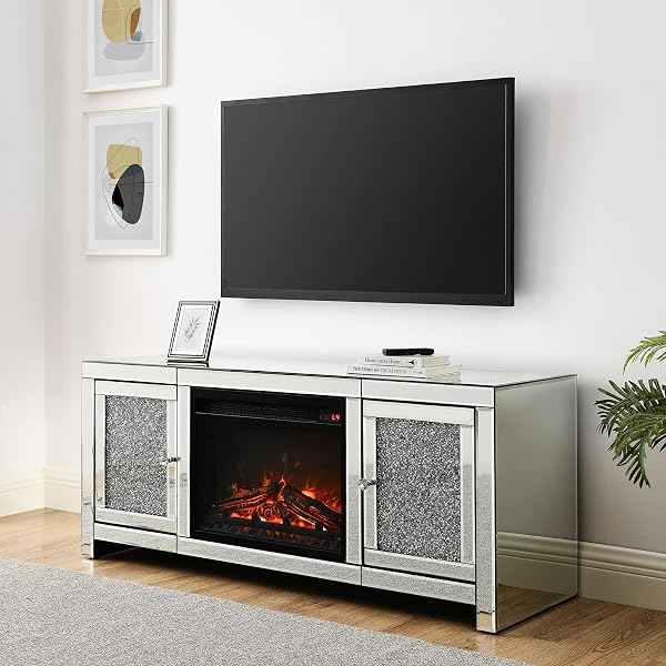 Amazon.com: Alohappy Fireplace TV Stand for TVs up to 55”, Mirrored TV Stand  with 18” Fireplace LED Light Home Media Entertainment Center with 2 Storage  Cabinet, Silver TV Console Table Furniture for