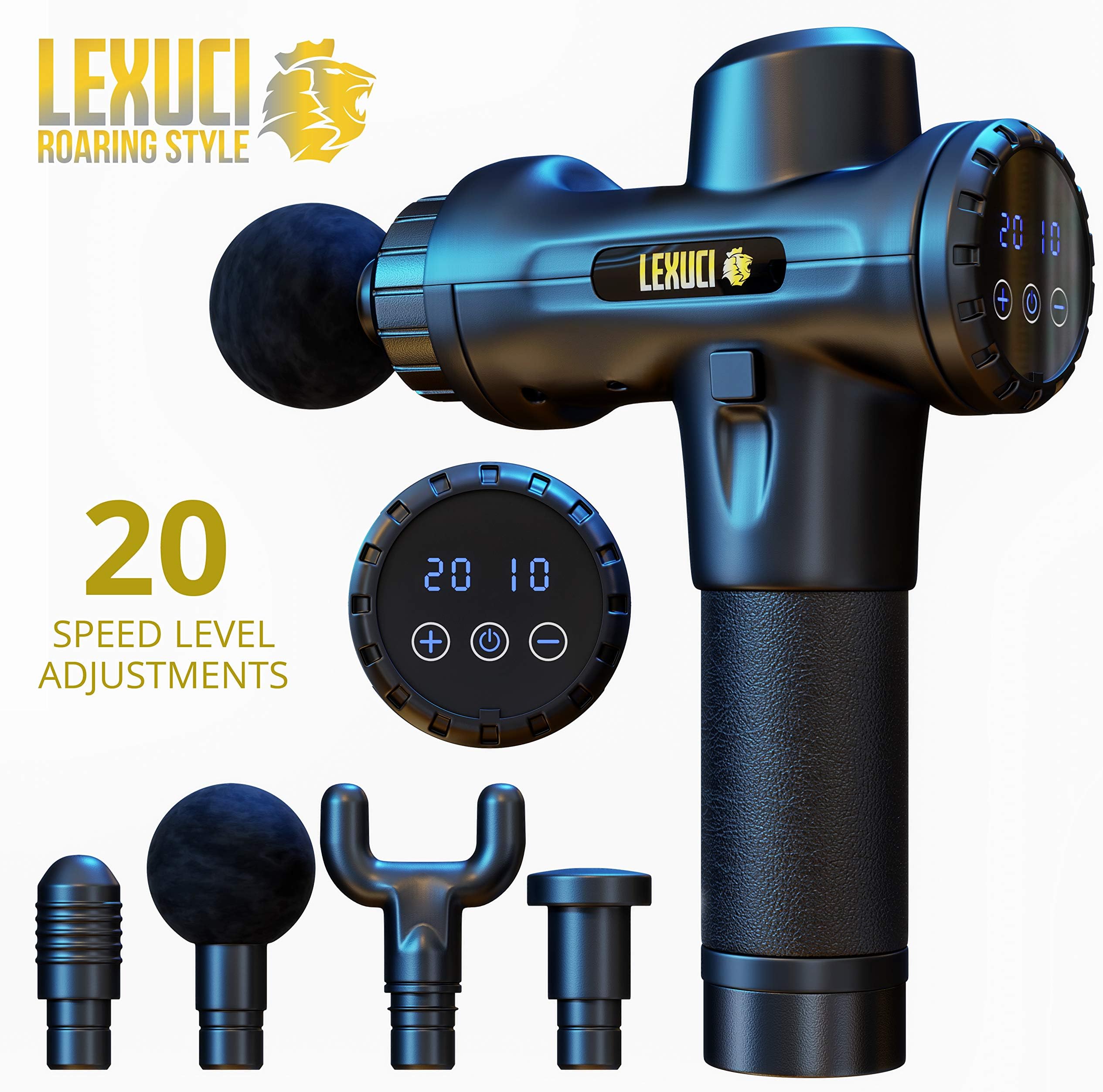 Lexuci Percussion Massage Gun with 4 Massage Heads and 20 Speed Options - Ultra Quiet Deep Tissue Action - Ideal Massage Gun for Athletes - Features USB Output, 5+ Hours Battery Life, and Travel Case