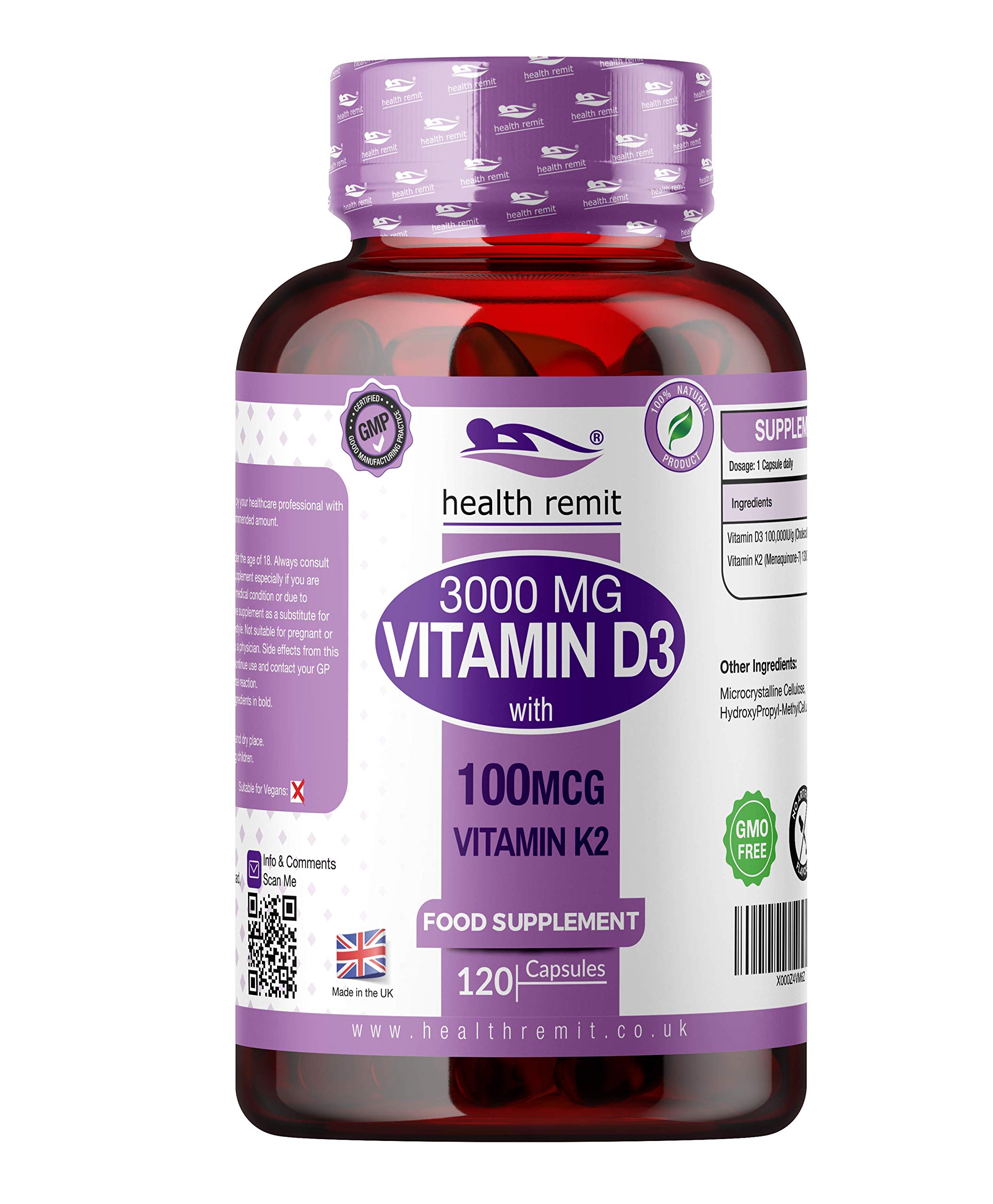 Vitamin D3 3000 IU with 100ug Vitamin K2 (MK7) - One a Day Vitamin D Cholecalciferol Skin and Joint Supplement Vegetarian Capsules - for Men and Women| 120 Days Supply | Made in UK by Health Remit