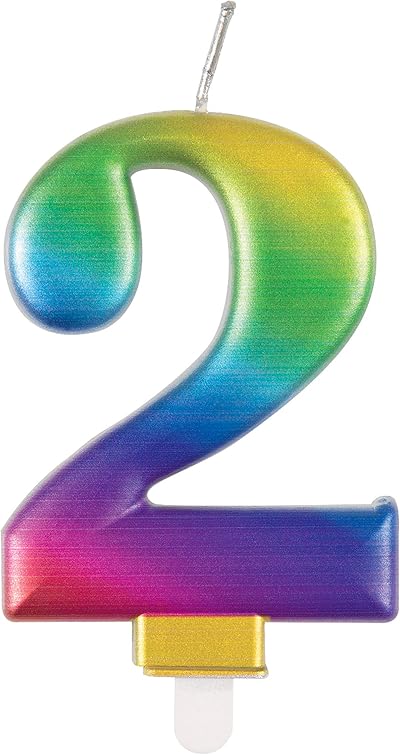 Unique Metallic Rainbow Number 2 Birthday Candle 3D Topper