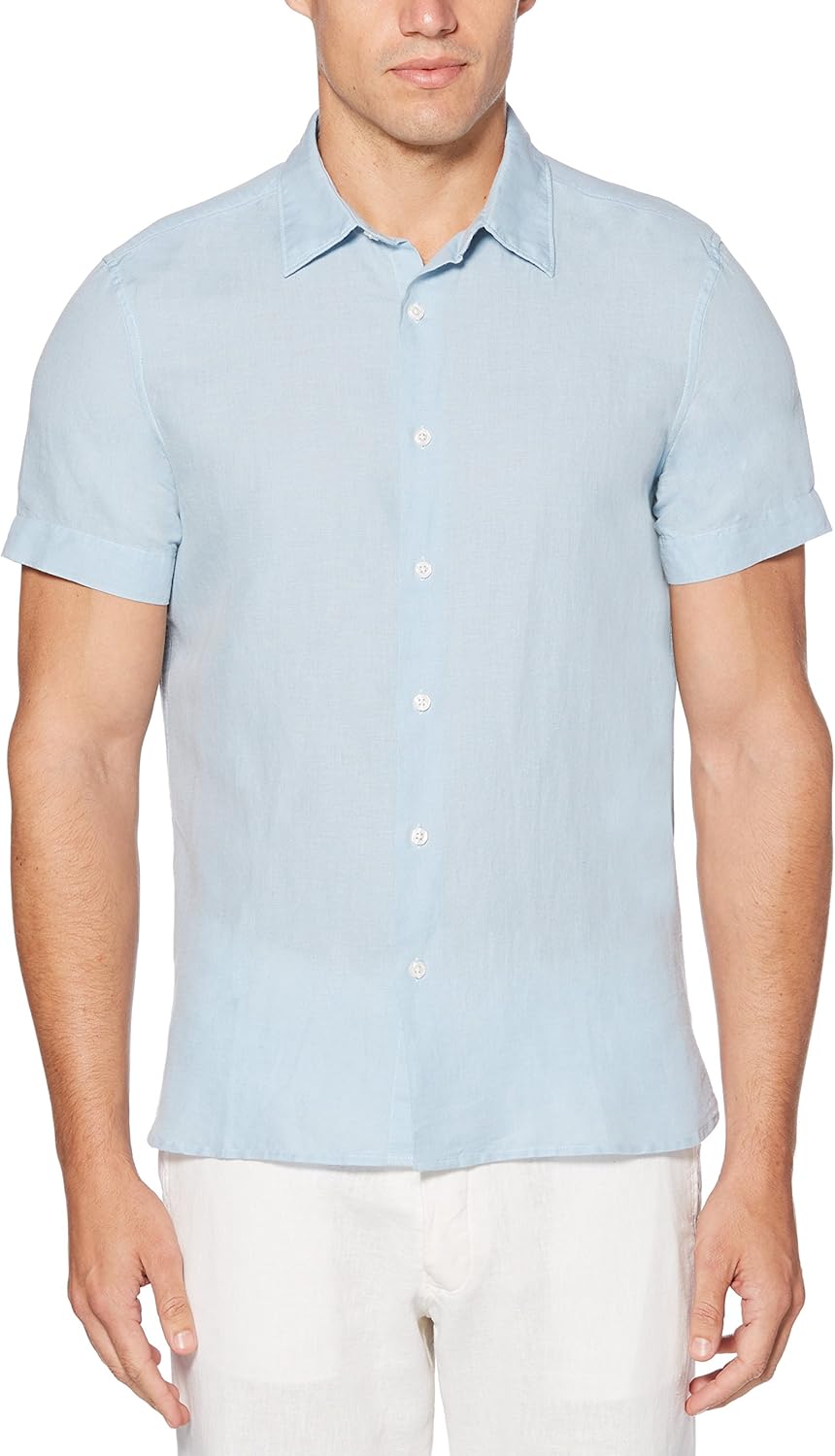 Perry Ellis Men's Short Sleeve Solid Linen Cotton Button-up Shirt at  Men’s Clothing store