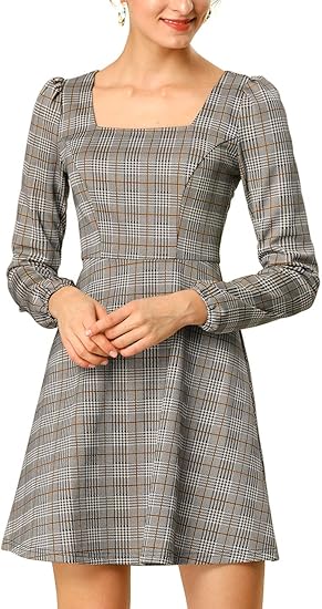 Amazon Allegra K チェックワンピース ドレス ミニ丈 スクエアネック レトロ 秋 レディース ワンピース チュニック 通販