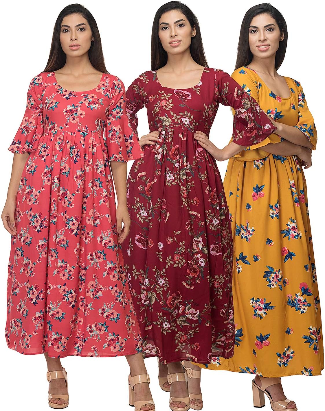 Raghumaya Ladies Printed Poly Crepe Maxi Casual Dress with Inner Lining - (3 Pcs Combo)