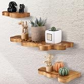 Suzile 3 Pcs Small Wave Edge Floating Shelf 3 Size Wooden Shelf, Brown | Rustic Live Edge Shelf with Metal Bracket, Wall Mounted Display Ledge, Farmhouse Vintage Wall Decor for Living Room Bedroom