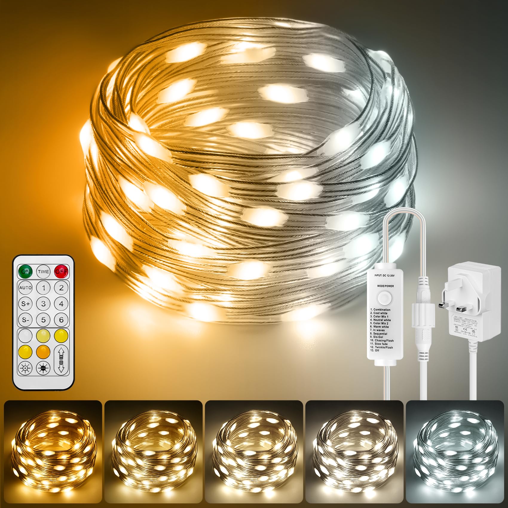 HOUHUI LED Fairy Lights, 15meter Warm to Cool White Indoor Outdoor String Lights with Remote, 8 Modes 2700K-6500K Dimmable White Fairy Twinkle Lights IP67 Waterproof for Christmas Bedroom Party Decor