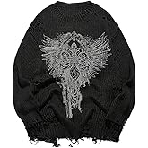 BEAUDRM Men's Graphic Grunge Sweater Long Sleeve Crew Neck Knitted Distressed Pullover Top Punk Ripped Goth Sweater