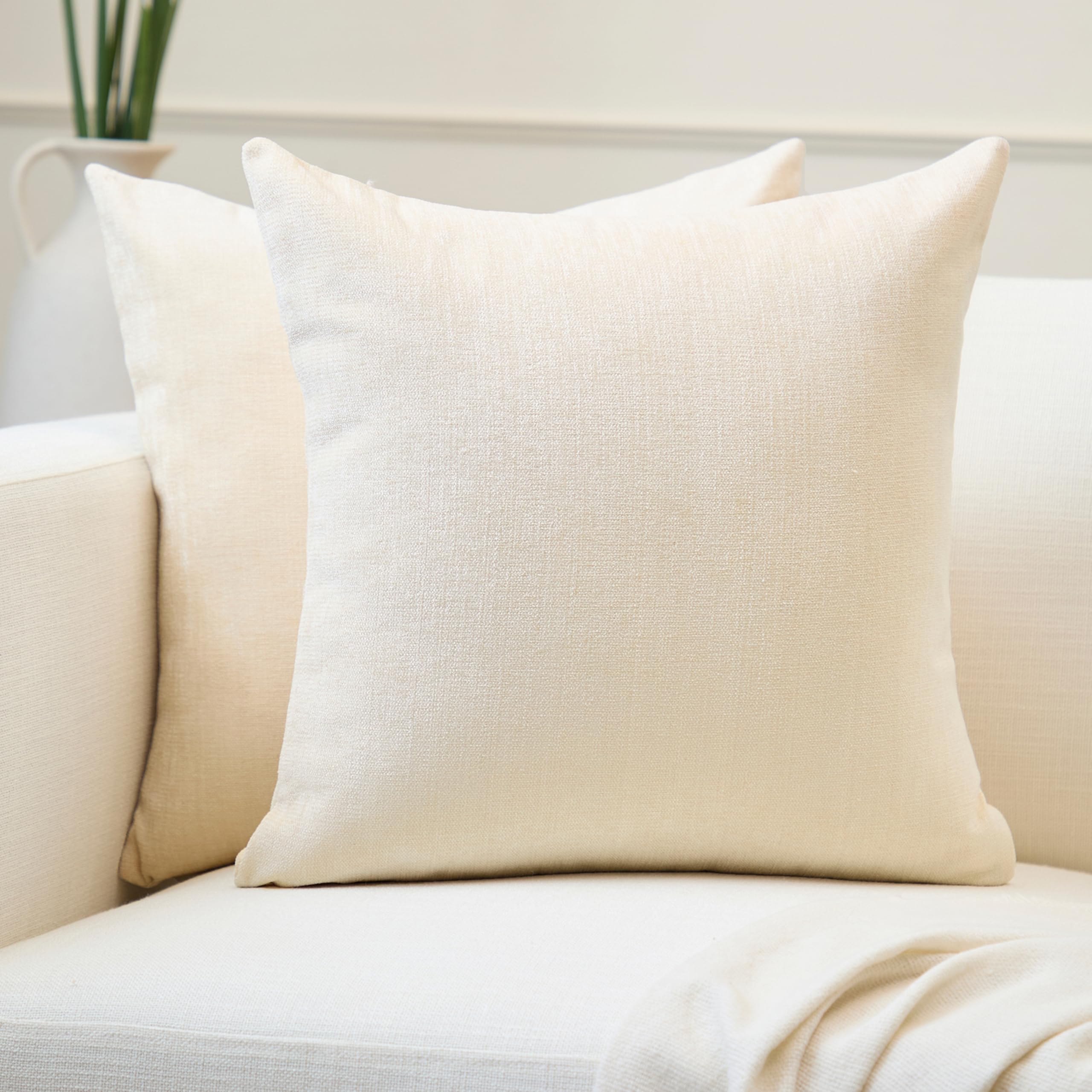 Encasa XO Chenille Cushion Covers Set of 2 | Natural - (18"x18") (45x45 cm) | Decorative Accent Square Throw Pillow Cases For Couch, Home Decor, Sofa — image 1