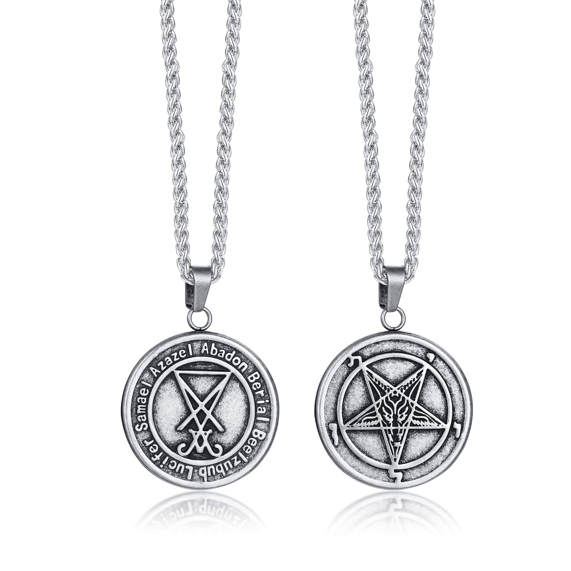 FLHEART Stainless Steel Pentagram Sigil of Lucifer Pagan Occult Seal of Satan Satanic Symbol Pendant Necklace Inverted Pentagram Baphomet Goat Necklace for Men Free Chain