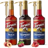 Torani Sugar Free Peach, Strawberry &amp; Raspberry | Fruit Syrup 3-Pack | Includes 3 syrup pumps. Sugar Free Peach, Strawberry &amp; Raspberry for lemonade, iced tea, Italian sodas &amp; mocktails.