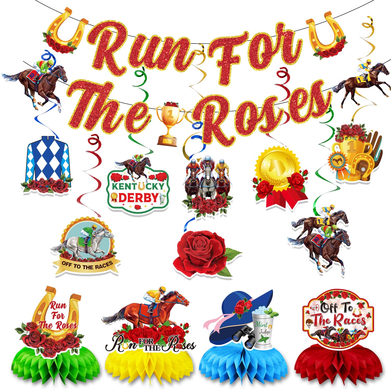 Photo 1 of 13 Pcs Kentucky Derby Decorations Derby Banner Horse Racing Hanging Swirls Run for The Roses Derby Honeycomb Centerpieces for Kentucky Equestrian Theme Party Decors