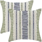 Boho Pillow Covers 18x18 Set of Blue Sage Green Stripes Throw Pillow Covers Outdoor Decoration, Abstract Modern Bohemian Farmhouse Linen Decorative Cushion Cover for Home Sofa Couch