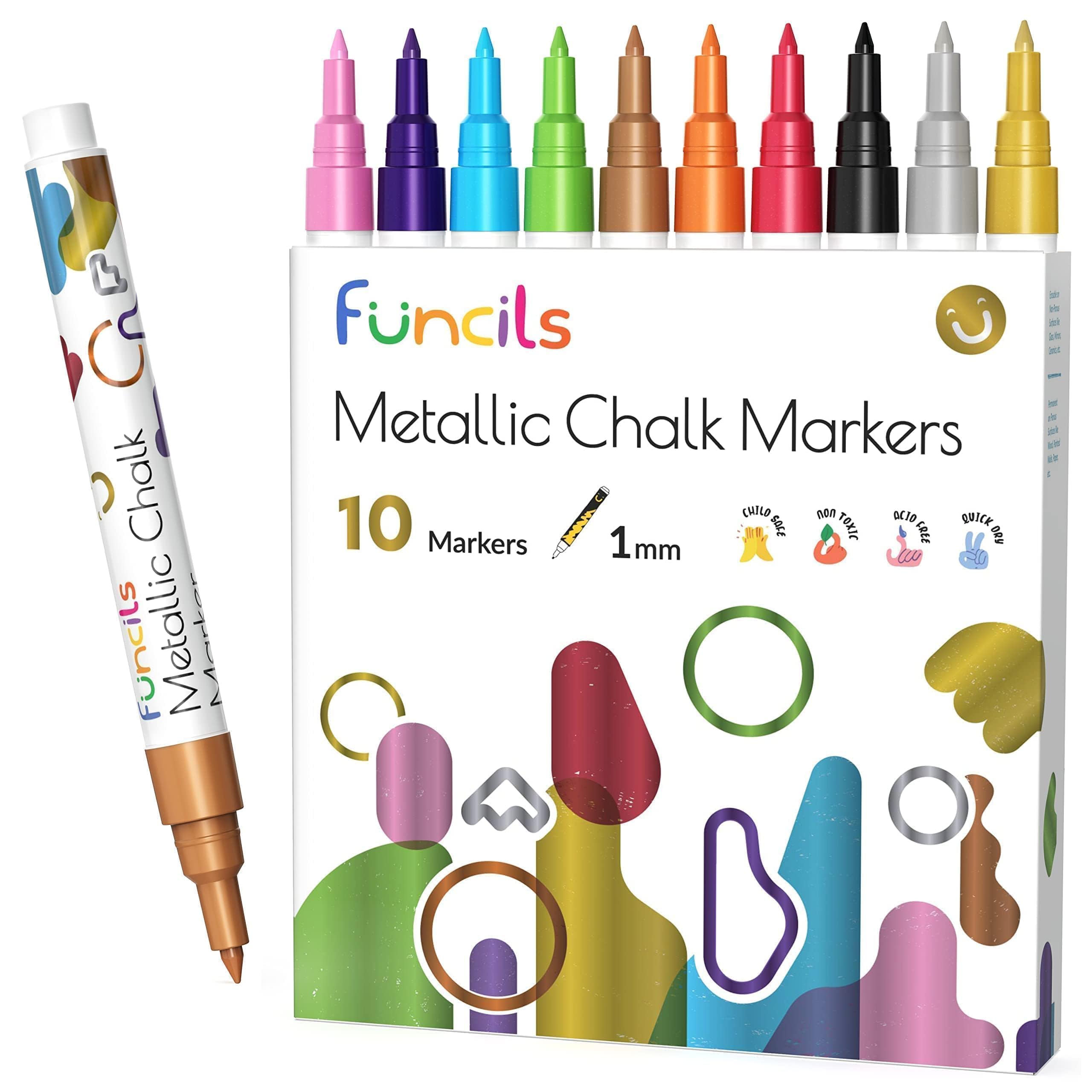 Funcils Metallic Liquid Chalk Markers for Chalkboard Signs, Blackboard, Window, Labels, Bistro, Glass, Car (10 Pack, 1mm) - Wet Wipe Erasable Ink Chalk Board Markers, Extra Fine Tip Liquid Chalk Pens