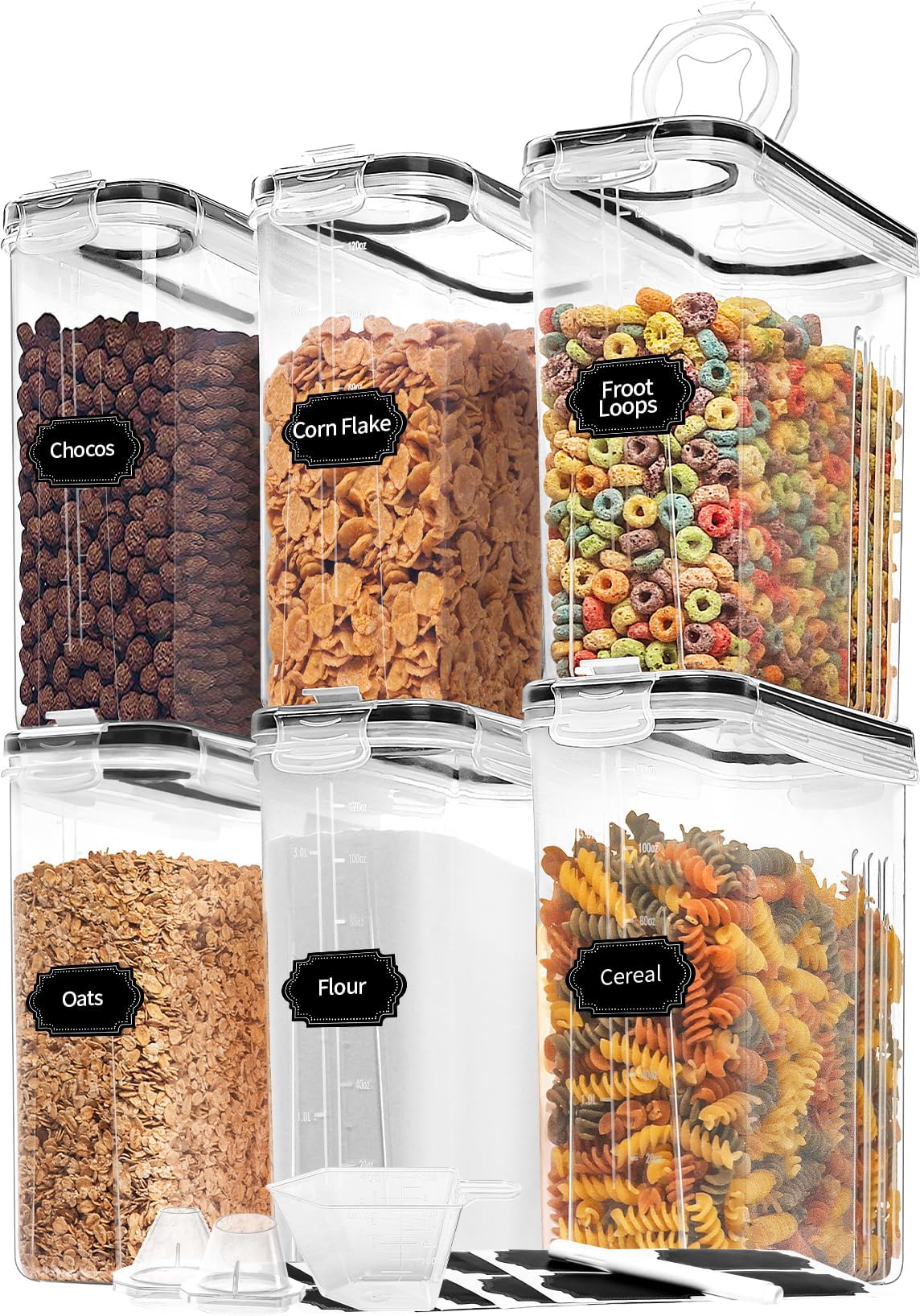 Photo 1 of Skroam Cereal Containers Storage of 6 [4L/135.2 oz], Airtight Food Storage Containers with Lids, Plastic Cereal Dispensers for Kitchen & Pantry Organizers and Storage, Measuring Cup & 20 Labels