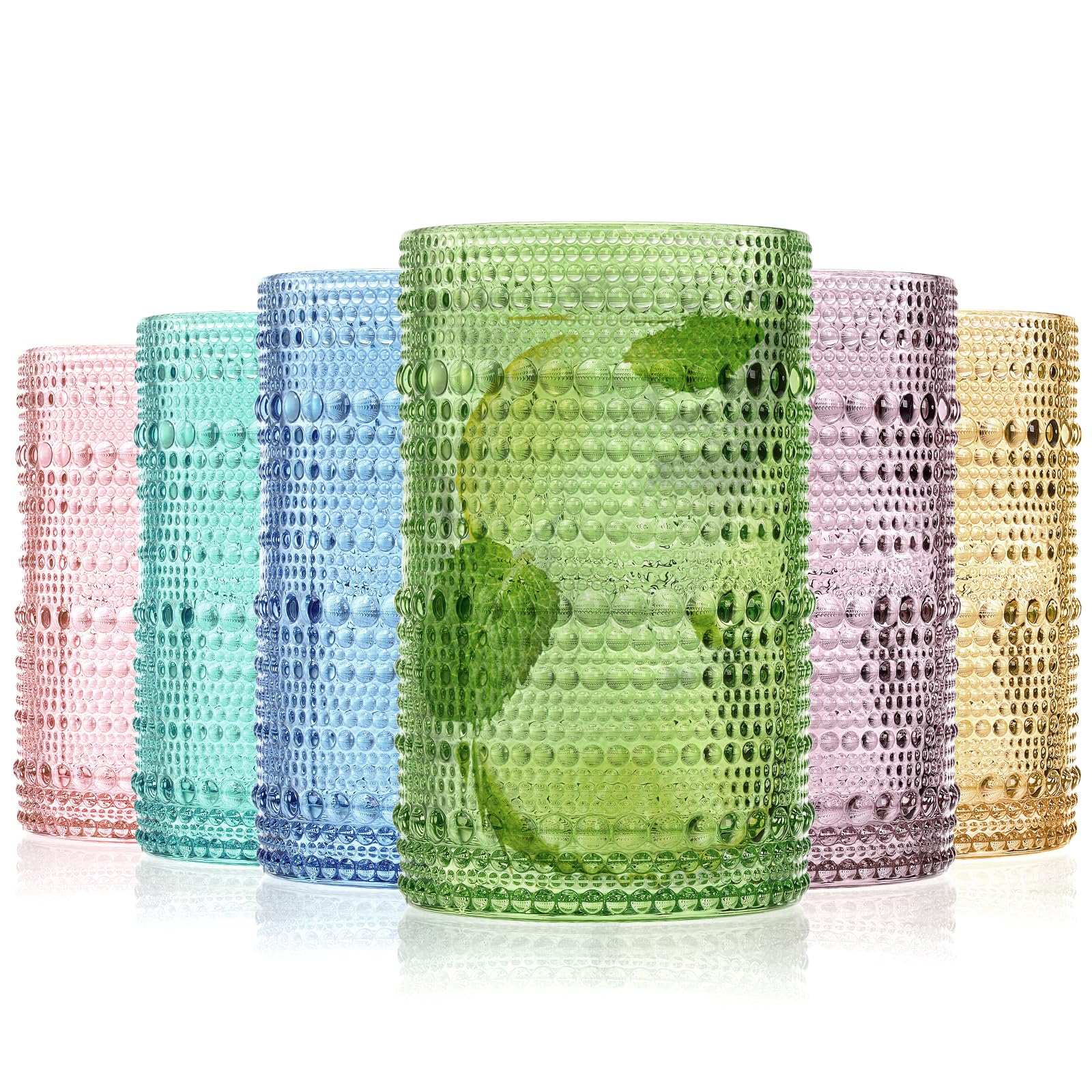 Photo 1 of ZOOFOX Set of 6 Vintage Drinking Glasses, 12 Oz Colored Hobnail Glasses Tumbler, Embossed Design Glass Tumblers Set for Water, Beverages, Juice, Beer, Cocktail, Whiskey, Milk