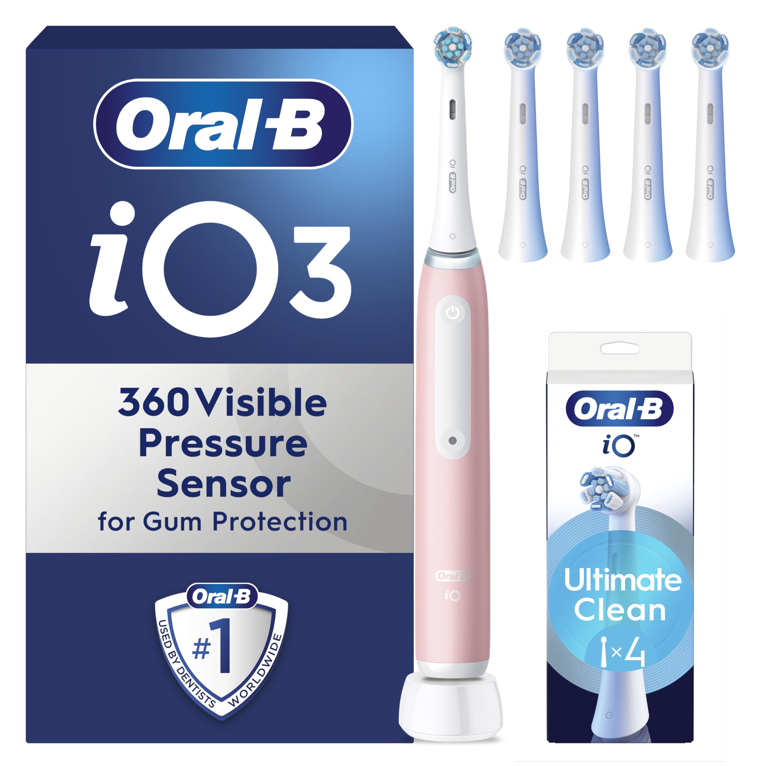 Oral-B iO3 Electric Toothbrushes Adults, 5 Toothbrush Heads, 3 Modes With Teeth Whitening, 2 Pin Plug, Pink