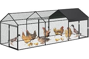 GarveeLife Large Metal Chicken Coop, Walk-in Chicken Run with Security Lock and Anti-UV Cover, Heavy Duty Chicken Run with Do