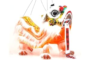 Mandala Crafts Hand String Puppet with Rod, Chinese Marionette Lion Toy, Orange on White