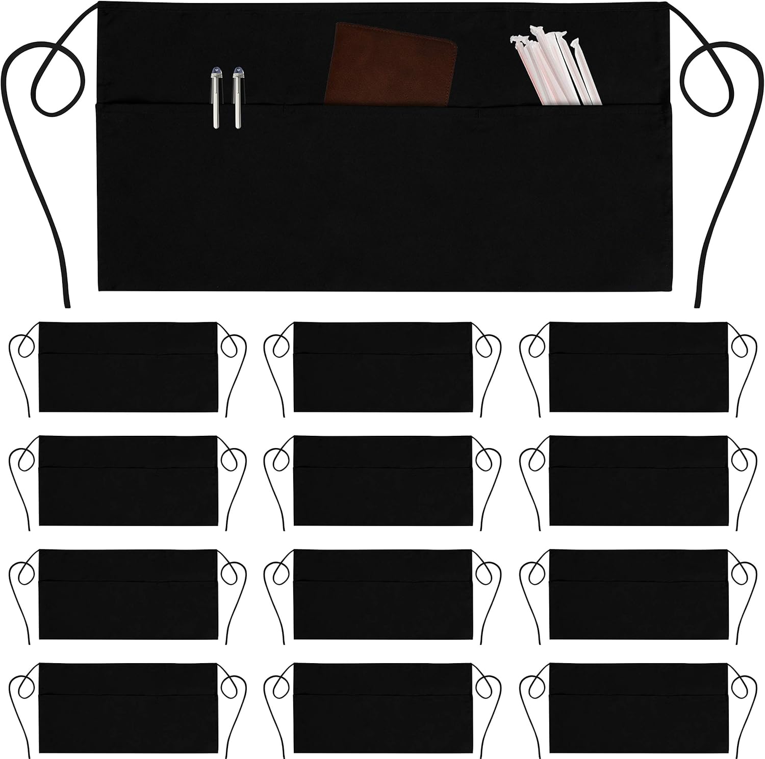 12 Pack Server Aprons with 3 Pockets - Waist Apron Waiter Waitress Apron Water Resistant Added Long Waist Strap Reinforced Seams Half Apron for Women: Kitchen & Dining