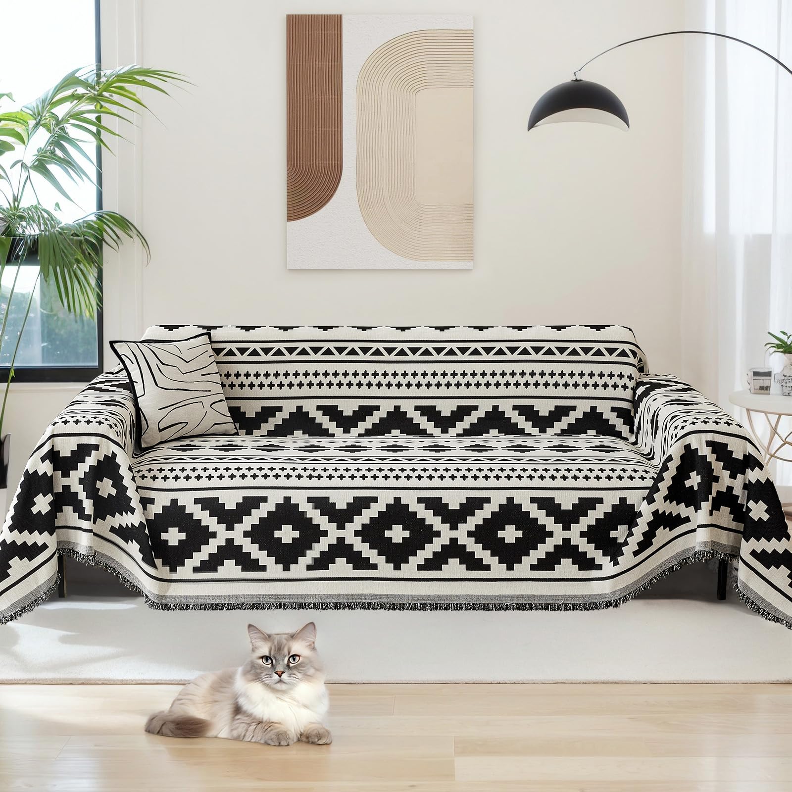 LiveGo Chenille AB Double-Sided Sofa Cover for 3 Seater, Soft Non-Slip Slipcover with Tassel, All-Season Washable Couch Protector for Dogs, Decorative Futon & L Shaped Sofa Cover (Black, 180×260 cm)