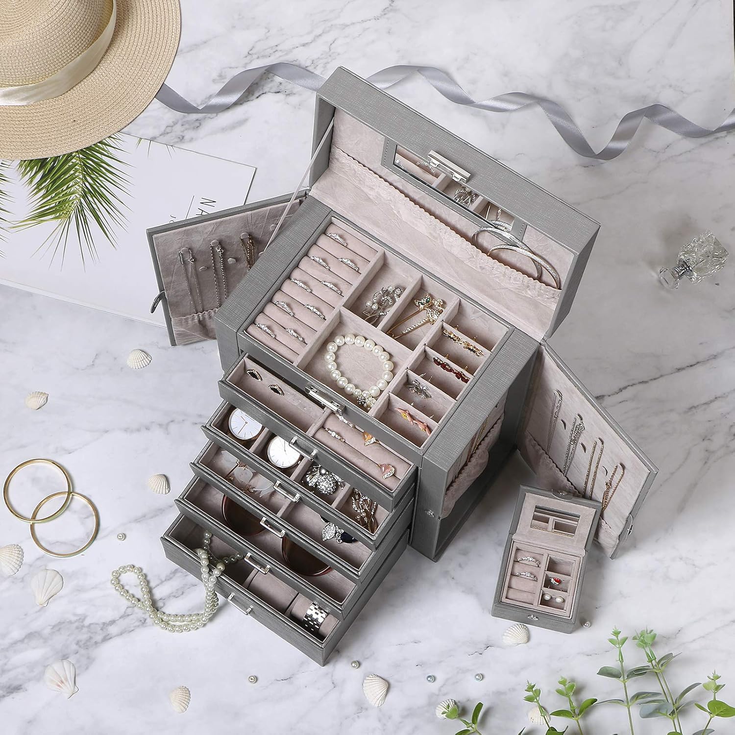 ANWBROAD 6 Tier Huge Jewelry Box Jewelry Organizer Box Display Storage Case Holder with Lock Mirror Girls Jewelry Box for Earrings Rings Necklaces Bracelets Earrings Gift Grey Faux Leather UJJB004H: Home & Kitchen