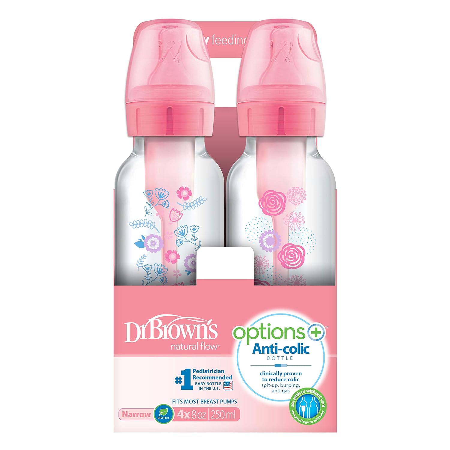 Dr. Brown's Options+ Baby Bottles, 8 oz/250ml, Narrow Bottle, Pink Floral Designs, 4 Pack : Baby