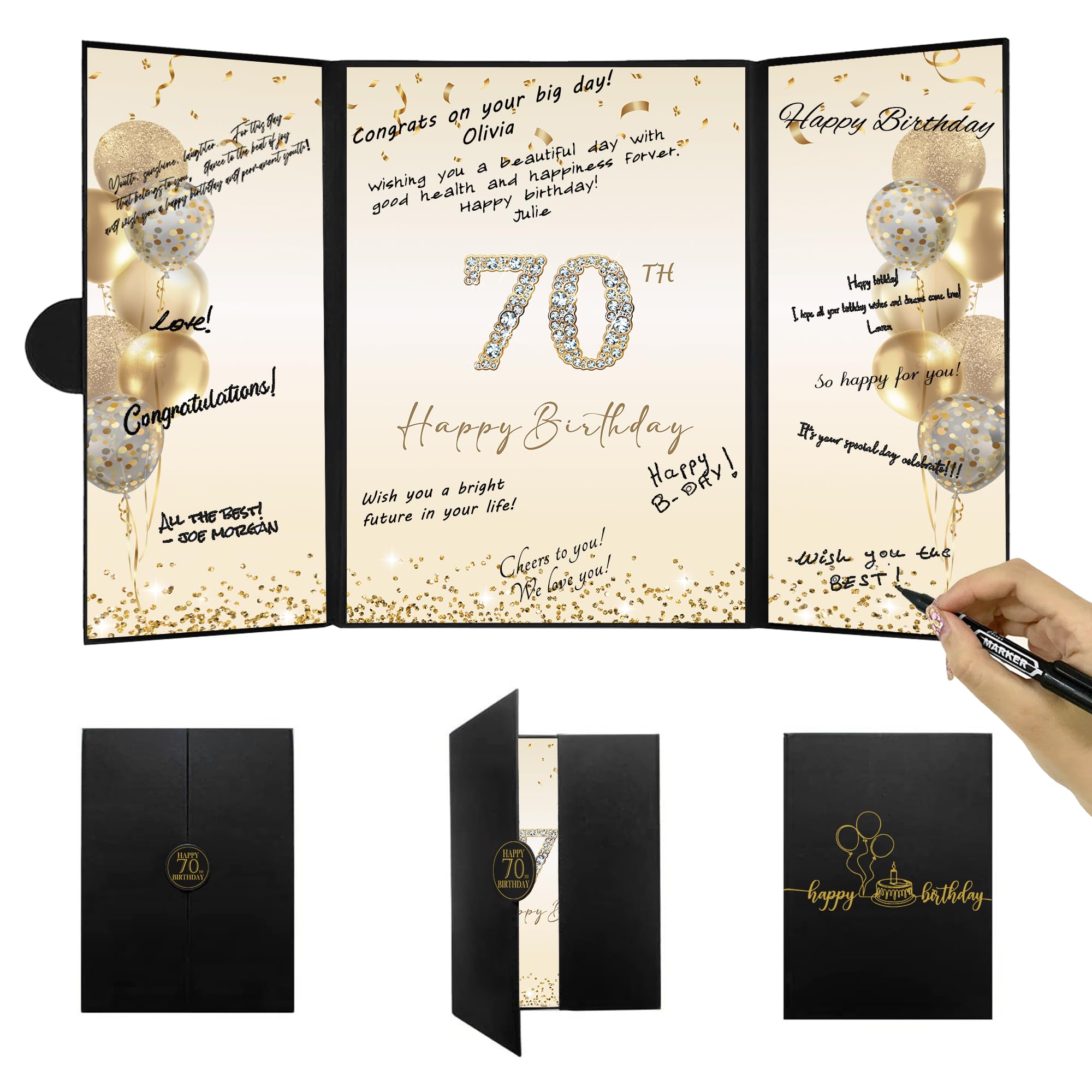 Photo 1 of DARUNAXY Black Gold 70th Birthday Party Decorations, Happy 70th Birthday Alternative Signature Guest Book for Men Women Cheers to 70 Years Old Gifts 70 Birthday Signing Card Board Party Supplies