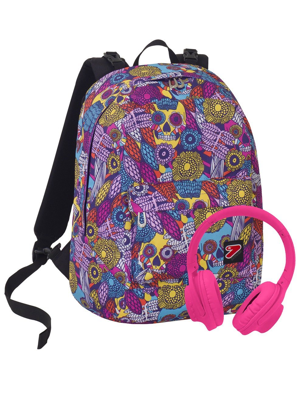 Seven S.P.A. Backpack SEVEN THE DOUBLE face - SKULL GIRL - Fuchsia Violet reversible with stereo headphones soft touch