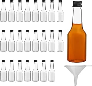 Belle Vous Mini Liquor Bottles (24 Pack) - Plastic 100ml (3.4 fl oz) Empty Spirit Bottles with Black Screw Caps & Liquid Funnel for Easy Pouring & Filling - Miniature Bottles for Weddings & Parties
