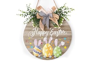 HAROONI Happy Easter Wooden Hanging Sign Easter Colorful Eggs Bunny Sign Door Decoration Rustic Easter Wood Wreath Sign for Easter Spring Holiday Front Door Wall Rustic Farmhouse Porch Decor 12 x 12 Inch