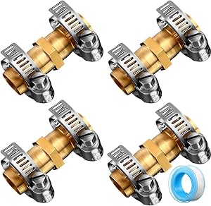 4 Pieces 1/2 Inch Garden Hose Connector Solid Brass Hose Repair Kit Hose Mender with 8 Pieces Stainless Steel Clamp and Seal Tape