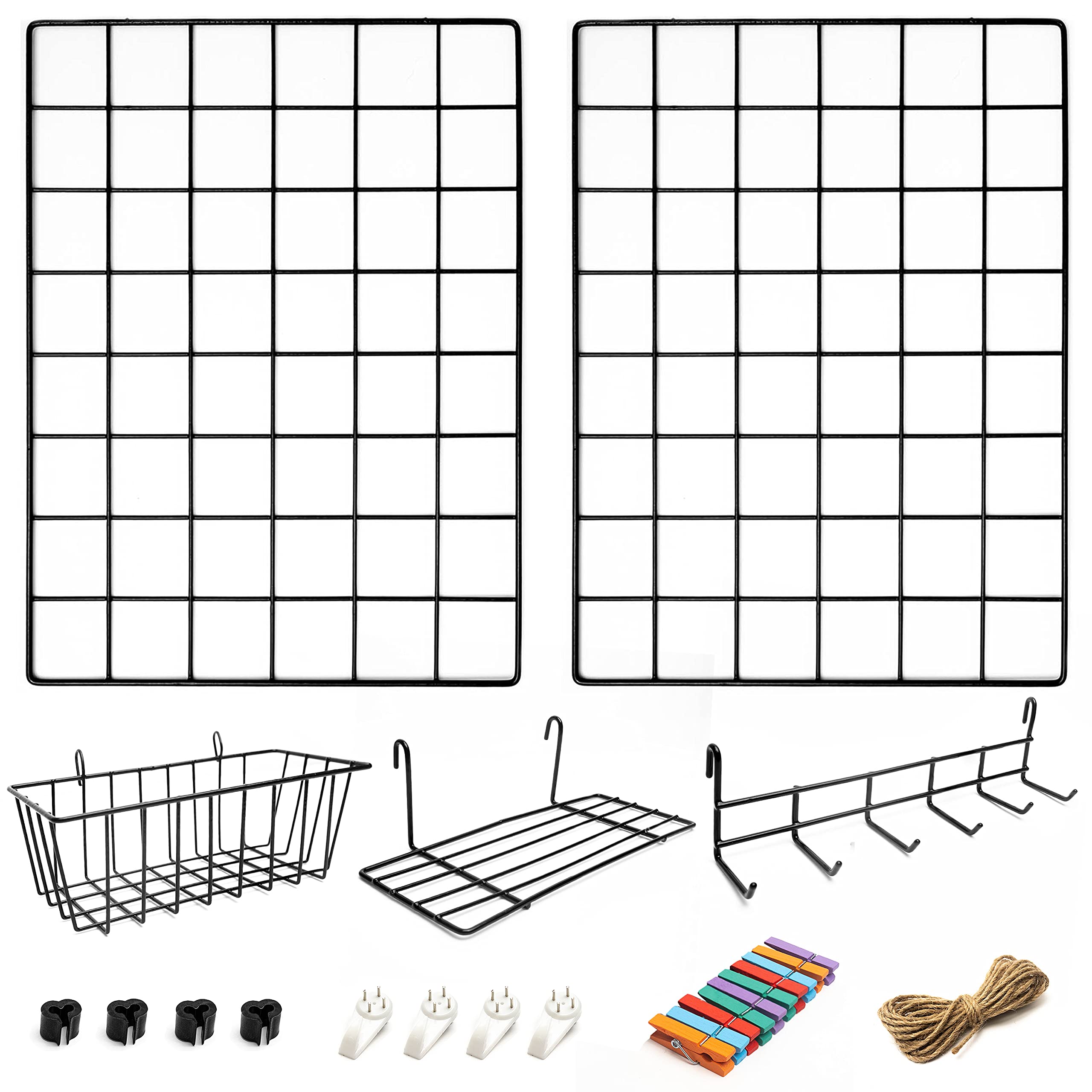 2 Pack Wire Wall Grid Panel With Accessories | Includes Hanging Basket, Shelf & Hook Rack | Complete Set | Wire Notice Board | Hanging Home, Office & Kitchen Décor | Photo Board | Metal & Black — image 1