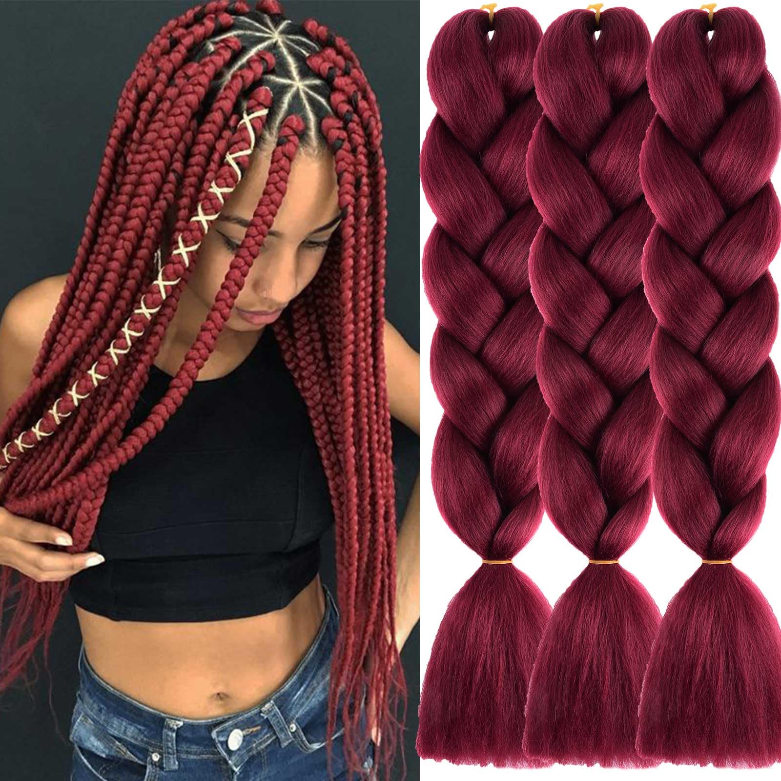 Xtrend 24Inch 3packs Jumbo Braiding Hair Burgundy Kanekalon Jumbo Braids Hair Extension Jumbo Braiding for Twist Braiding Box Braids Crochet Hair (3Packs,BUG#) โ image 1