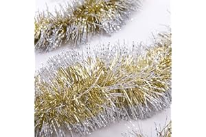 iPEGTOP 26.2ft Christmas Tinsel Twist Garland, Classic Shiny Sparkly Party Soft Tinsel Christmas Tree Ceiling Hanging Decorations, 4 inch Wide with Silver Snowy Edge, Gold