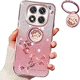 MRRSIWEI for Xiaomi Redmi Note 14 Pro Case for Women Girls, Luxury Plating Bling Glitter Sparkle Flowers Shockproof Case with Ring Stand for Xiaomi Redmi Note 14 Pro.Flowers Pink