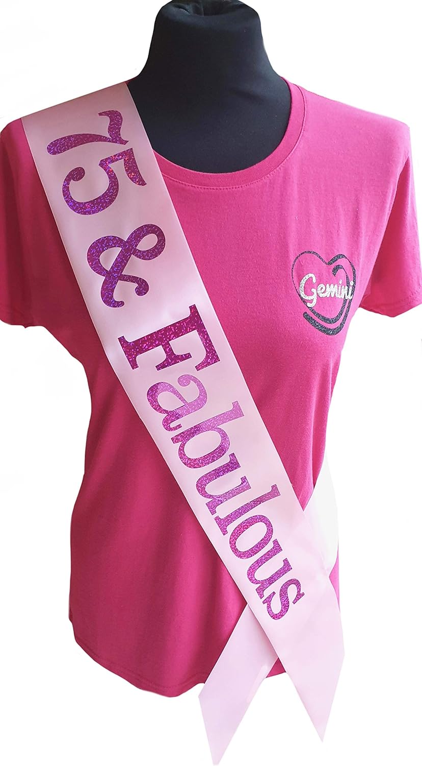 Gemini Ribbons - Pink 75 and Fabulous Sash - 75th Birthday Sash - Holographic - 75th Birthday Party - Womens Mens - Gift