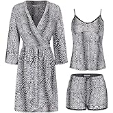 SofiePJ Women's Printed Robe Set with Chemise Shorts 3 Piece Sleep Loungewear White M