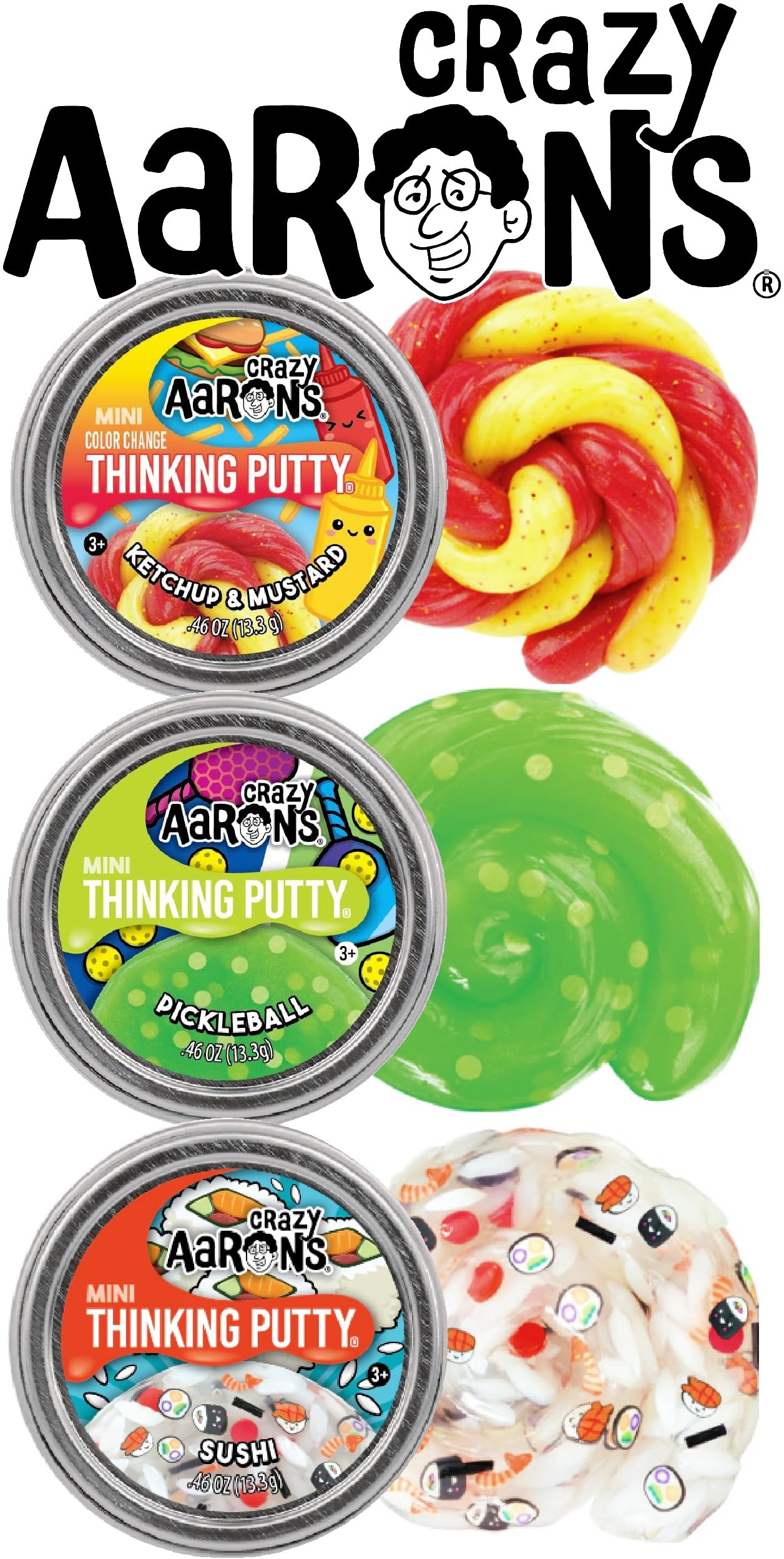 Crazy Aaron's Putty Mini Tins Ketchup & Mustard, Pickleball and Sushi Gift Set Bundle - 3 Pack (13.3g Each)