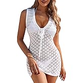 FAIRY SEASON Swimsuit Coverup for Women Crochet Swim Cover Ups Mesh Knit Hollow Out Front Tie Sleeveless Beach Dress
