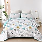 Dinjoy Floral Quilt Set Queen,Aqua Bedspread Queen Size 3 Pieces Lightweight Farmhouse Bedding Set Summer Fall Quilts Soft Flower Bedspreads White Coverlet Sets for All Season