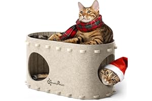 DownyPaws Cat House for Indoor Cats, Cat Bed Cave for Multiple & Large Cats Up to 22 Lbs, Scratch Resistant, Foldable Peekaboo Kitten Caves Tunnel Enclosed Bed, PeekaPurr, Cream