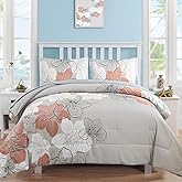 Floral Comforter Set Queen Size, Blush Pink Floral Pattern Printed on Light Grey, Soft Microfiber 7 Pieces Bed in a Bag (1 Comforter, 2 Pillow Shams, 1 Flat Sheet, 1 Fitted Sheet, 2 Pillowcases)