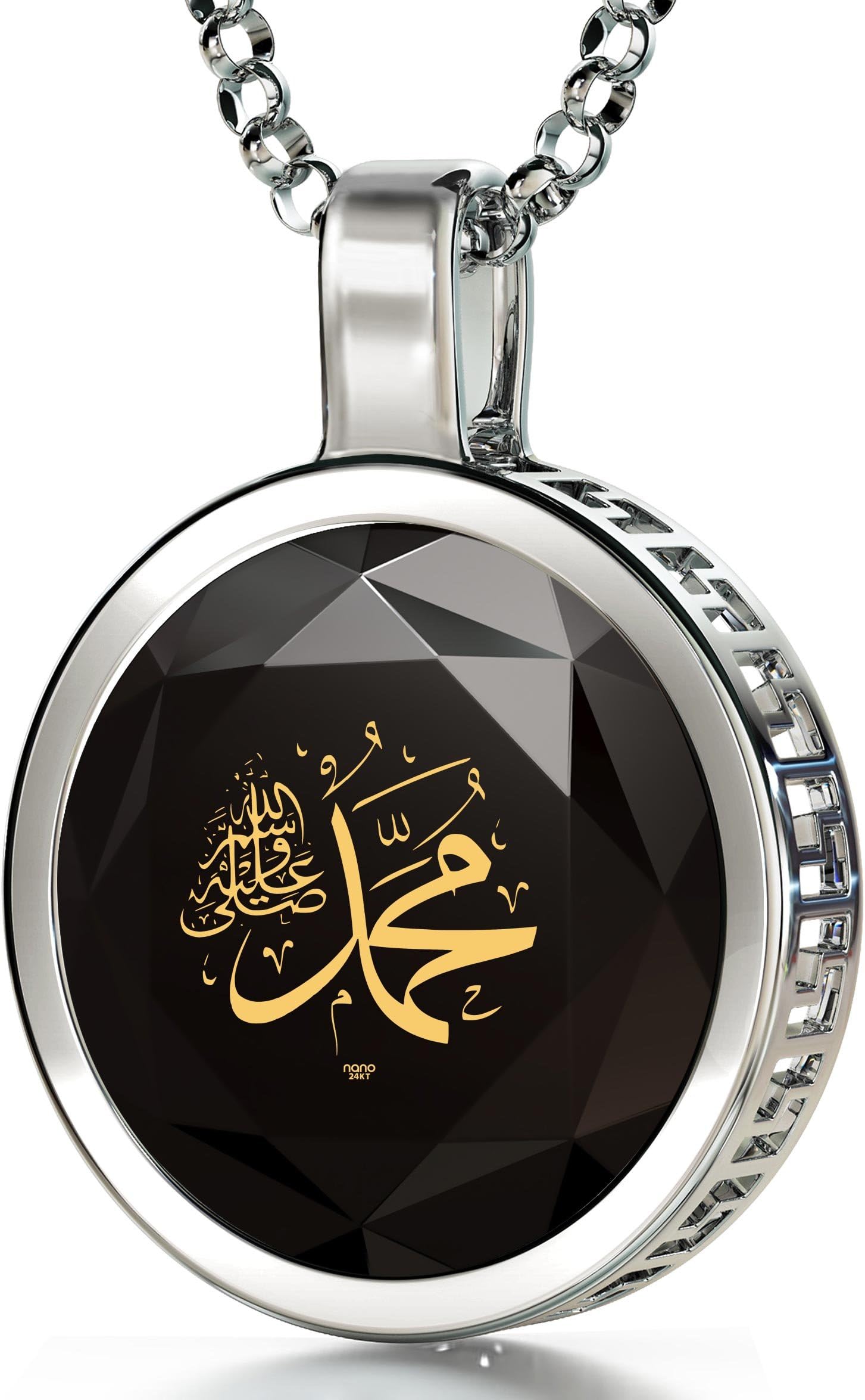 Islamic Necklace for Men Muhammad Inscribed in 24k Gold on Black CZ Arabic Pendant, 20" - NanoStyle Jewellery
