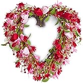 DN DECONATION Valentine's Day Decor Wreaths, Valentines Heart Shaped Wreath for Front Door 18.8 Inch with Floral Tulips and Berries, Pink Door Wreath for Outdoor Indoor Wedding Home Decorations