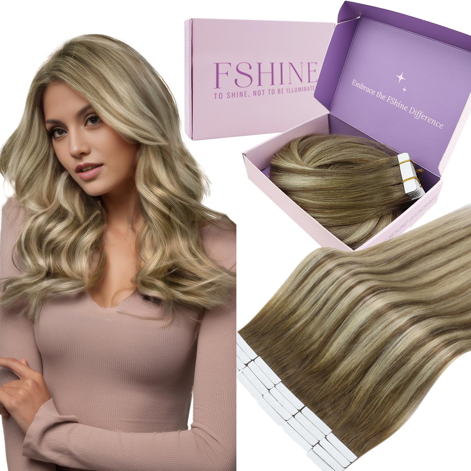 Fshine Real Human Hair Tape in Extensions,16 Inch 20 pcs 50 g,Silky Straight Double Sided Tape in Extensions,Balayage Brown to Platinum Blonde Color 6 60 6,For Women Ladies Girls — image 1